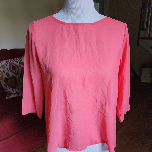 Tops - Coral Sheer Blouse with 3/4 Sleeves